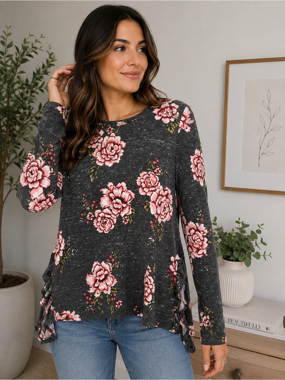 Floral Rose Long Sleeve Top | Charcoal Gray | M/L